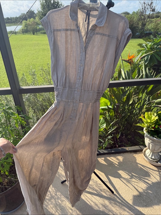 Anthropologie Pants - Anthropologie linen Taupe Button-Front Sleeveless Jumpsuit ST